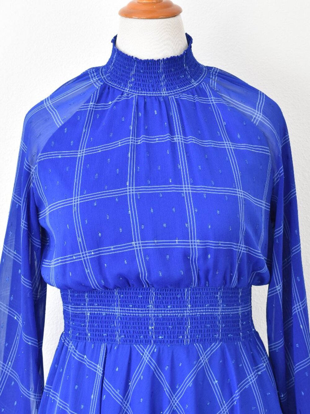 Calvin Klein Plaid Chiffon Mock Neck Smocked Detail Dress - 12 - Picture 8 of 13
